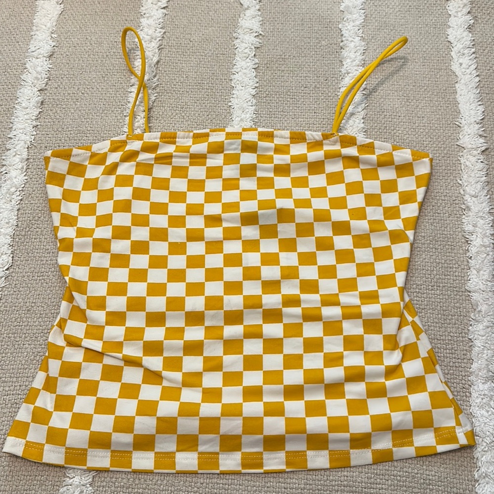 Yellow and white checkered, print L route 21 tank top